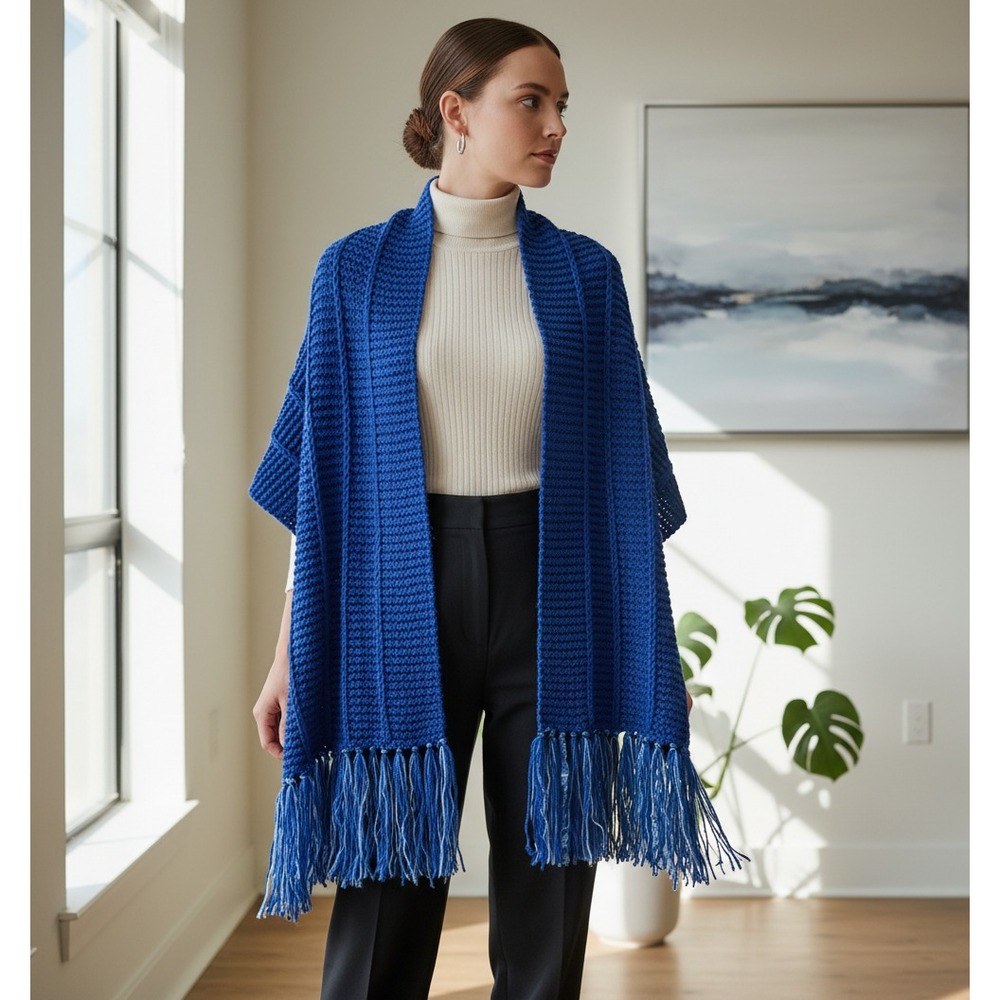 NEW Royal Blue Hand Knitted Shawl Wrap Boho Hippie Coastal Cottage Western Artsy